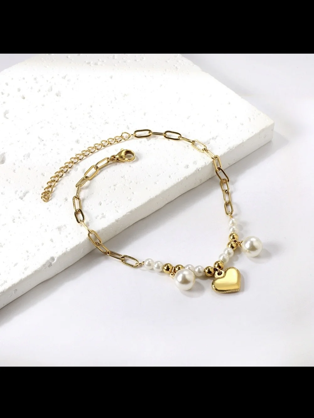 Gold Pearl Heart Charm Anklet - Women Jewelry